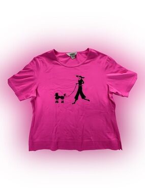 Best Women’s Pink Graphic T-Shirt Large Woman Walking Poodle Short Sleeve